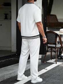 Manfinity CasualCool 男士拼接條紋棒球領短袖拉鍊上衣與長褲休閒套裝 - 白色 - 查看 2