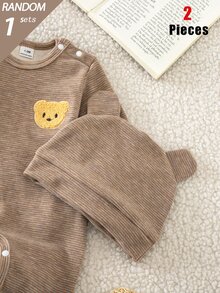 SHEIN 盲盒 3 件套 秋冬複合抓絨條紋印花熊刺繡圖案長袖連身衣，含足套褲與帽子 2 件組合，熱銷款舒適柔軟面料睡衣家居服 - 灰色 - 查看 8