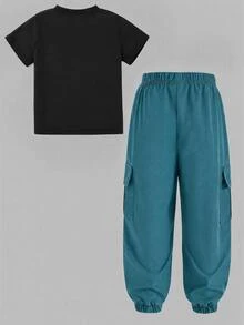 SHEIN 男童 2 件套套裝：條紋馬匹印花 T 恤與工裝長褲，黑棕對比色，圓領短袖 - 彩色 - 查看 3