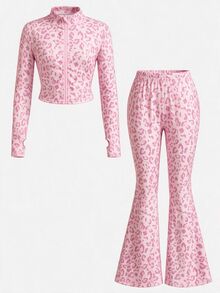 SHEIN Tween Girl NovaGlow 運動休閒日常針織素色開襟外套與喇叭褲套裝 - 彩色 - 查看 4