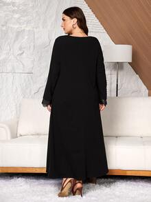 Lacomfia 秋冬針織黑色拼接睫毛蕾絲休閒寬鬆極簡風長洋裝，女款大尺碼 - 黑色 - 查看 2