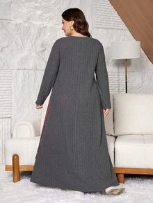 Seusyu Print Random Floral Pattern Knitted Ribbed Patchwork Design Casual Daily Minimalist Loose Long Sleeve Comfortable Plus Size Dress - Dark Grey - View 2