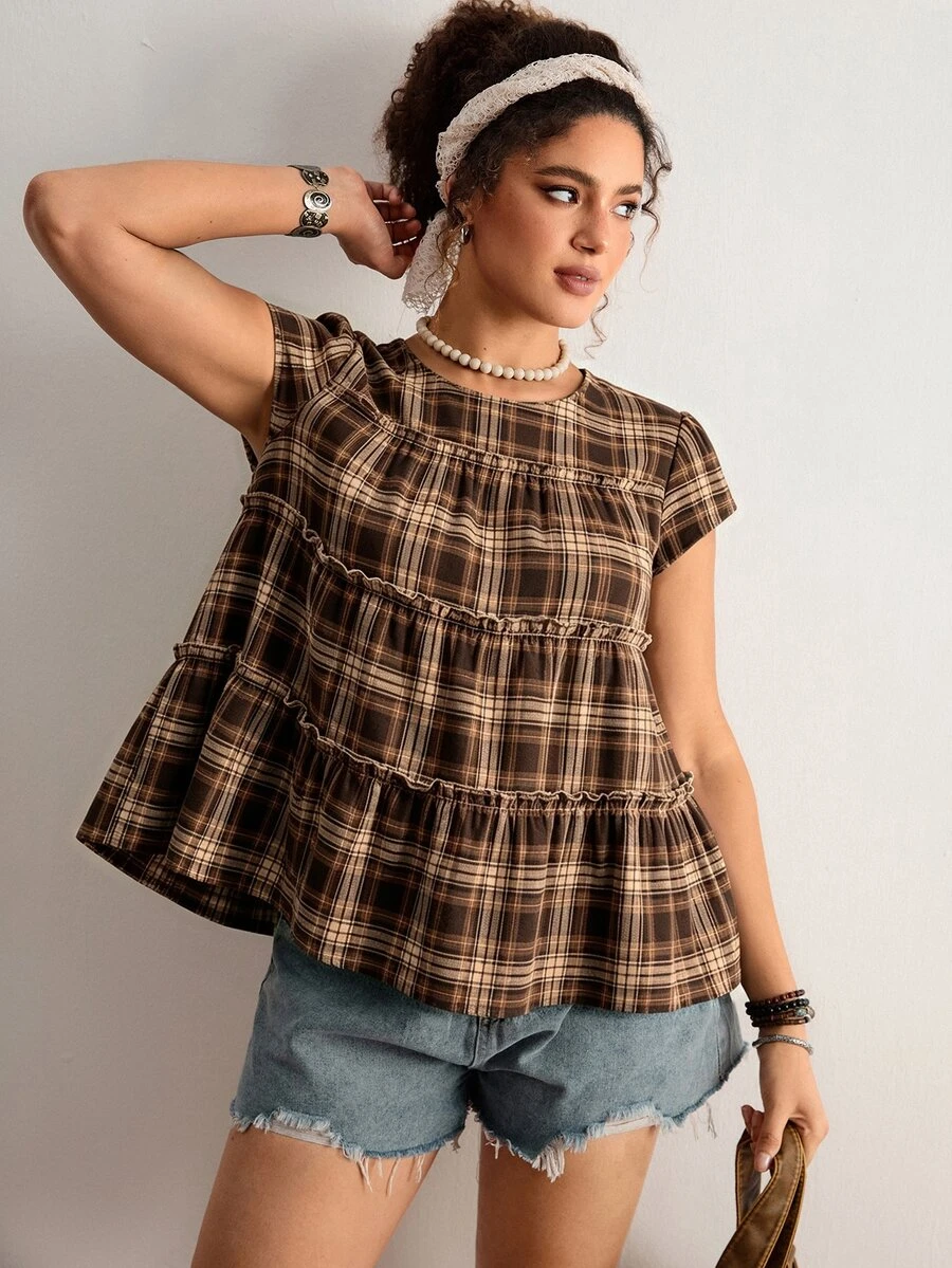 Freevana Women's Plus-Size Short-Sleeve Brown Plaid Shirt, Loose-Fitting Top With Ruffles; Elegant For Casual Outings, Boho, Suitable For Autumn And Winter - Multicolor - View 1