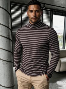 TONEVAULT Men's Casual Striped Slim Fit Long Sleeve Turtleneck T-Shirt - Coffee Brown - View 1