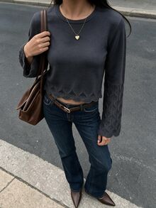 Autumina Charcoal Grey Round Neck Hollow Out Polar Fleece Women's Sweater - Dark Grey - View 4