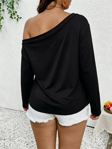 EMERY ROSE CURVE Plus Solid Asymmetrical Shoulder Long Sleeve Tee - Black - View 2