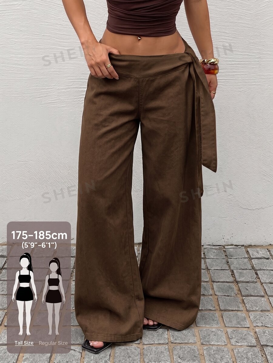 SHEIN Tall 高挑時尚白色繫帶水洗牛仔寬腿褲 - 咖啡棕 - 查看 1