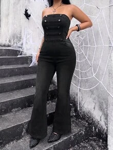 Jeanoix Plus Size Women Y2K Napoleon Style Double-Breasted Double Pocket Fashion Tube Top Denim Jumpsuit With Flared Legs - Grey - View 3