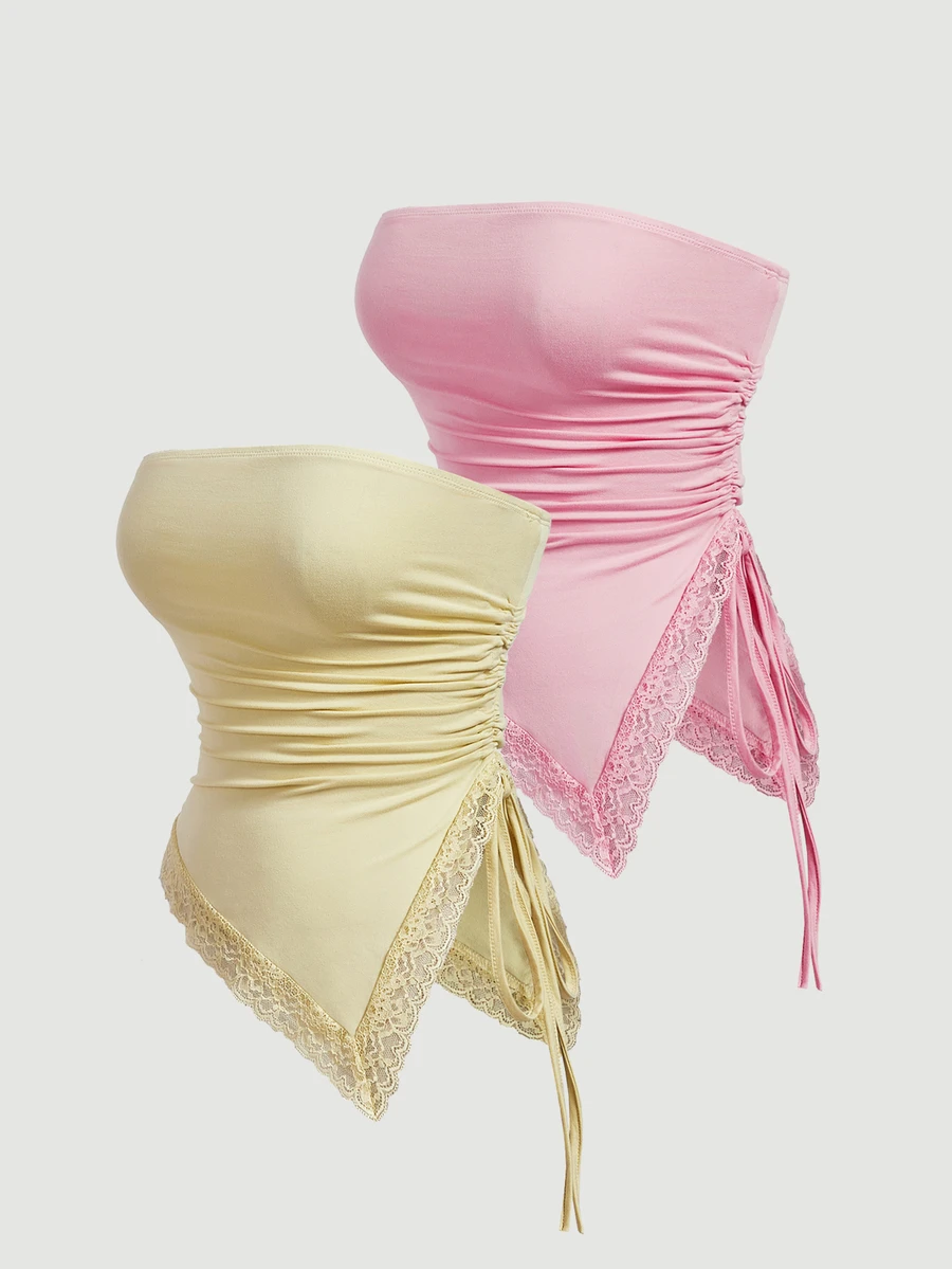 SHEIN MOD 2pcs Women's Bandeau Drawstring Asymmetrical Hem Pleated Split Top - Pink - View 1