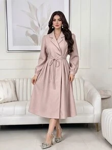 Feyla Women's Sweet Lapel Long Sleeve Dress For Vacation And Dating - Pink - View 5