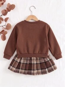 SHEIN Baby Girl Fleece Thick Decorative Bow Plaid Print Pattern Crew Neck Pullover Sweatshirt & Vintage Plaid Pleated Skirt Set, Suitable For Winter - Brown - View 2