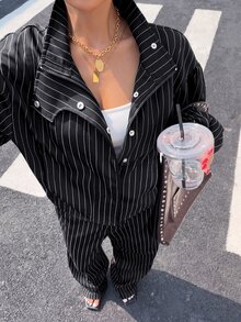 Muchica Black And White Striped Woven Women's Long Sleeve Pants Set, Autumn/Winter - Black - View 5