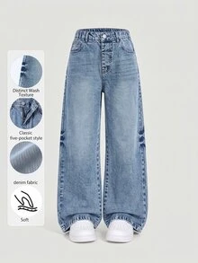 Tween Girl Y2K Vintage Washed High Waist Cat Whisker Loose Wide Leg Denim Jeans, Autumn/Winter Back To School Street Style - Medium Wash - View 3