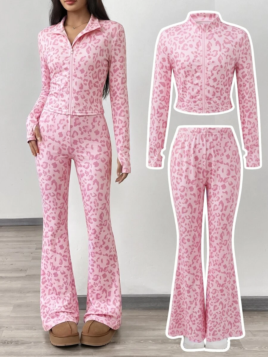 SHEIN Tween Girl NovaGlow 運動休閒日常針織素色開襟外套與喇叭褲套裝 - 彩色 - 查看 1
