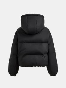 SHEIN 青少年女孩冬季外套，黑色時尚百搭連帽短夾克，厚抓絨內裡，法式短版設計，休閒街頭風，適合多種場合，返校季女孩夾克，女孩冬季夾克 - 黑色 - 查看 2