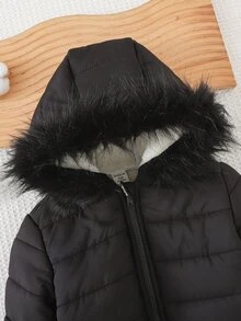 SHEIN 女嬰人造毛飾邊連帽長袖厚棉外套，適合滑雪、戶外、徒步、出遊、度假及各種場合，休閒百搭時尚 - 黑色 - 查看 5