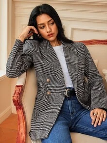Écloséra Vintage Houndstooth Waist-Cinching Double-Breasted Gold Button Slim Fit Mid-Length Tweed Plaid Blazer Jacket For Women, Autumn/Winter, Elegant Commuter Style - Multicolor - View 5