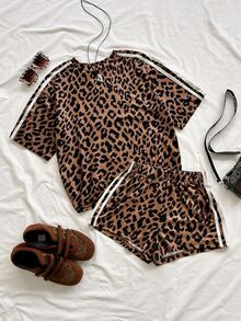 Soleia Women's Round Neck Short Sleeve Leopard Print Top And Shorts 2 Pieces Set - Multicolor - View 5