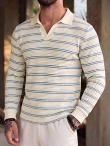 TONEVAULT Men's Long Sleeve Polo Collar T-Shirt, Knitted Fabric - Apricot - View 5