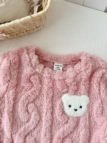 SHEIN 女嬰針織可愛熊仿皮草套頭上衣與鬆緊腰長褲2件套，保暖，適合秋冬穿著 - 粉色 - 查看 3