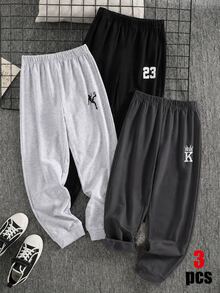 SHEIN 買2送1兒童青少年男孩休閒運動23圖案黑灰色卡其色保暖內裡加厚運動長褲多件組，適合秋冬、學校、家庭聚會、度假、派對，秋季穿搭，冬季穿搭 - 彩色 - 查看 2