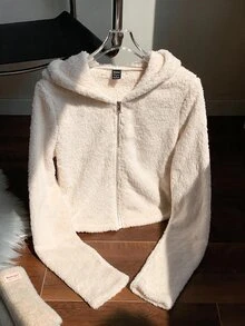 SHEIN EZwear جاكيت نسائي مبطن بالصوف مع بطانية رأس وسحاب - لون مشمشي - مشاهدة 6
