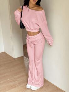 SHEIN EZwear 女款休閒舒適玫瑰粉不對稱肩領衛衣與喇叭運動長褲兩件套，秋冬款 - 玫紅色 - 查看 4