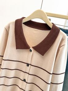 GlowEve CURVE Plus Size Women Colorblock Long Sleeve Cardigan Knit Sweater, Striped Fashion Casual Versatile Suitable For Autumn/Winter Wear Fall - Apricot - View 4