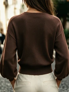 SHEIN Wrap‑Front V‑Neck Lantern Long Sleeve Cropped Knit Sweater, Solid Knit Top For Women - Coffee Brown - View 3