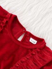 SHEIN Playful Pals Baby Girl Ruffle Big Bow Patchwork Double Layer White Mesh Bodysuit With Velvet Headband Set - Red and White - View 4