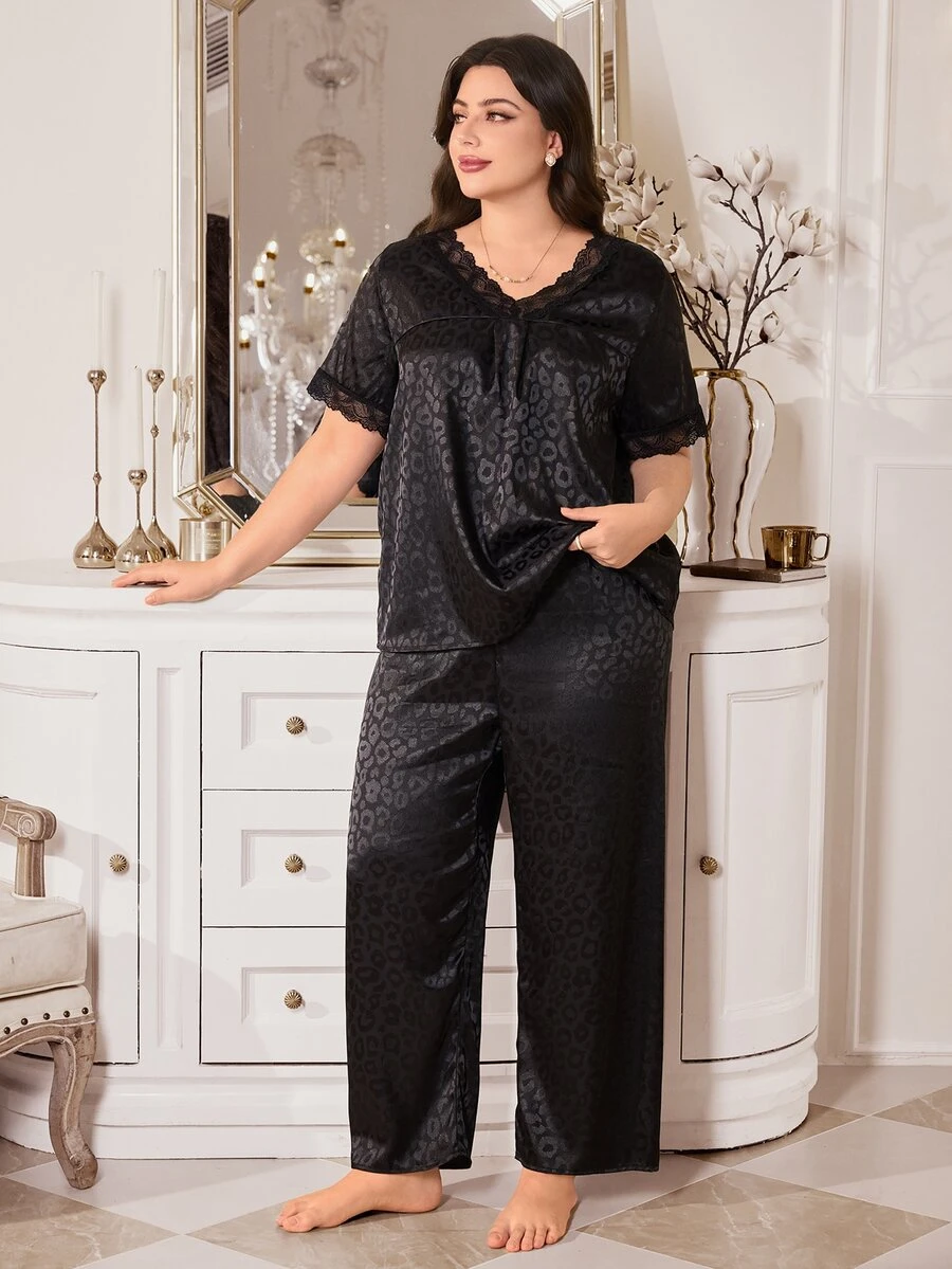 MuseNap CURVE Plus Leopard Jacquard Lace Trim Satin PJ Set - Black - View 1