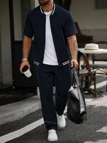 Manfinity CasualCool Men's Zipper Short Sleeve Contrast Color Shirt And Long Pants Set - Navy Blue - View 1