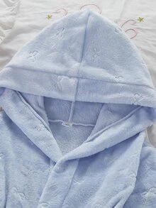 少女睡衣 秋冬新款 霧藍色底花卉蝴蝶印花長袖連帽睡袍，保暖舒適休閒家居服，甜美蝴蝶風，適合姐妹，秋冬季節，居家休閒、假期派對與家庭穿搭 - 霧霾藍 - 查看 4