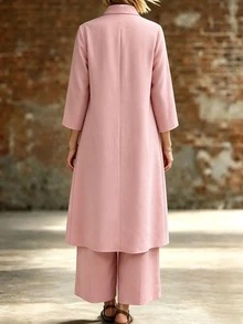 EMERY ROSE Casual Elegant Chinese Style Frog Button Stand Collar Long Sleeve Loose Long Solid Color Shirt + Elastic Waist Loose Long Pants, Suitable For Daily Casual, Outings, Vacation And More - Pink - View 2