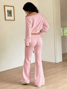 SHEIN EZwear 女款休閒舒適玫瑰粉不對稱肩領衛衣與喇叭運動長褲兩件套，秋冬款 - 玫紅色 - 查看 2