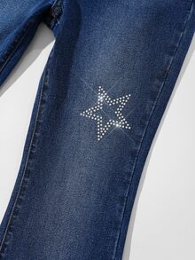 SHEIN Girls Y2K Style Elastic Flare Jeans, Vintage Blue Washed Denim With Elastic Waistband, Star Rhinestone Design, Fashionable Versatile For All Seasons - Dark Wash - View 5