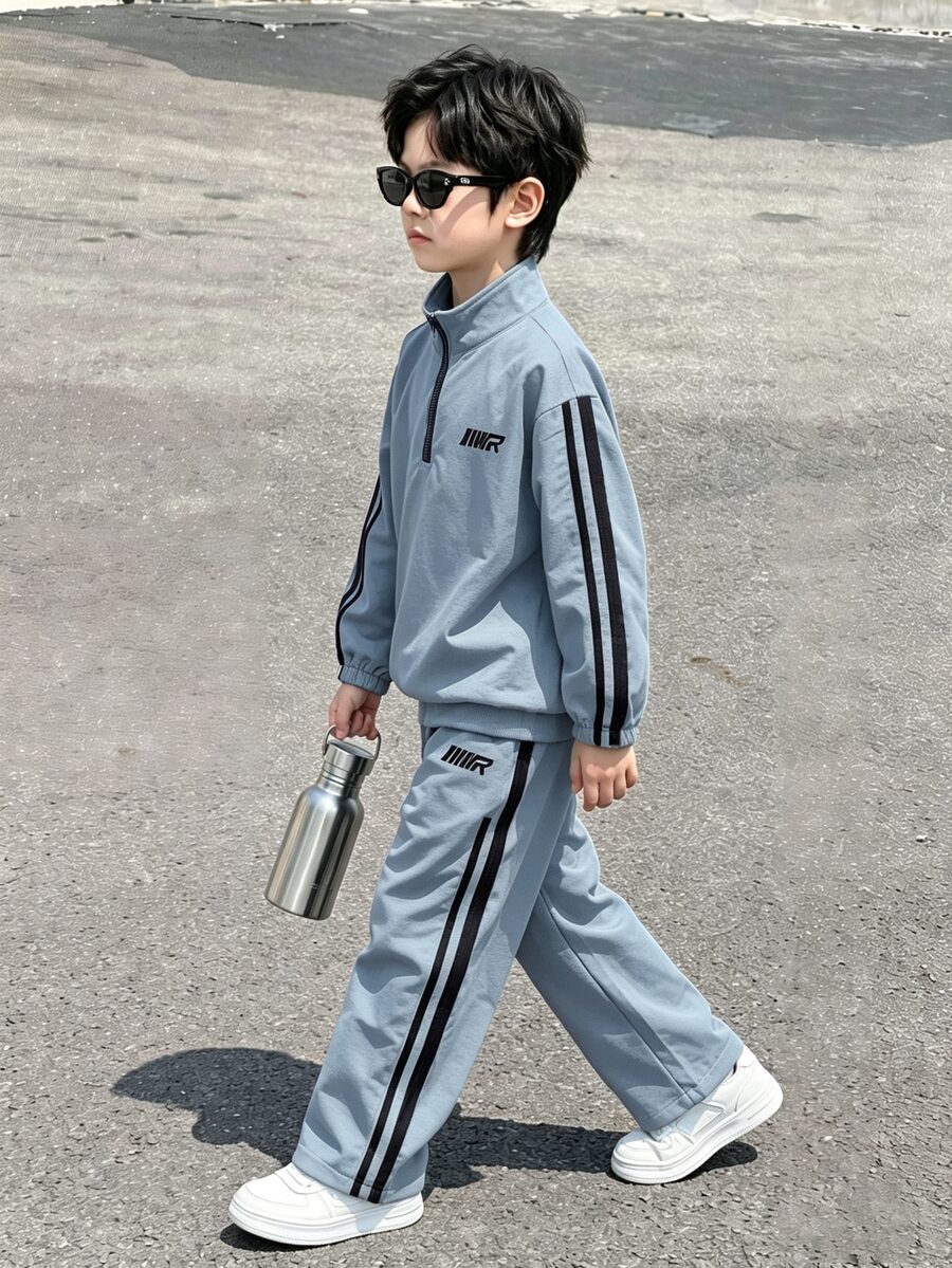 2件組兒童青少年男孩休閒運動寬鬆舒適外套與長褲套裝,藍色,適合秋冬、學校、家庭聚會、開學季、運動、秋季穿搭、冬季穿搭、生日派對 - 藍色 - 查看 1