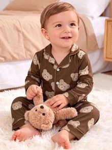 Baby Boy Cute Casual Daily Minimalist Comfortable Coffee Brown Cartoon Bear Open Front Long Sleeve Top & Pants Home Wear 2pcs Set - Brown - View 2