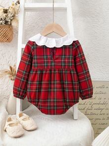SHEIN Baby Girl Red Plaid Cute Peter Pan Collar Romper,Christmas,New Fall Styles, Christmas - Multicolor - View 2