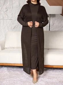 Lacomfia 2pcs Set: Minimalist Solid Color Ribbed High Neck Long Sleeve Fitted Regular Dress And Solid Color Faux Fur Jacquard Batwing Sleeve Fitted Regular Cardigan Jacket, Spring/Autumn Plus Size - Coffee Brown - View 1