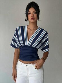 Aloruh 女款V領條紋修身T恤，適合約會、度假、派對、日常穿著、聚會、戶外活動 - 藏蓝色 - 查看 5