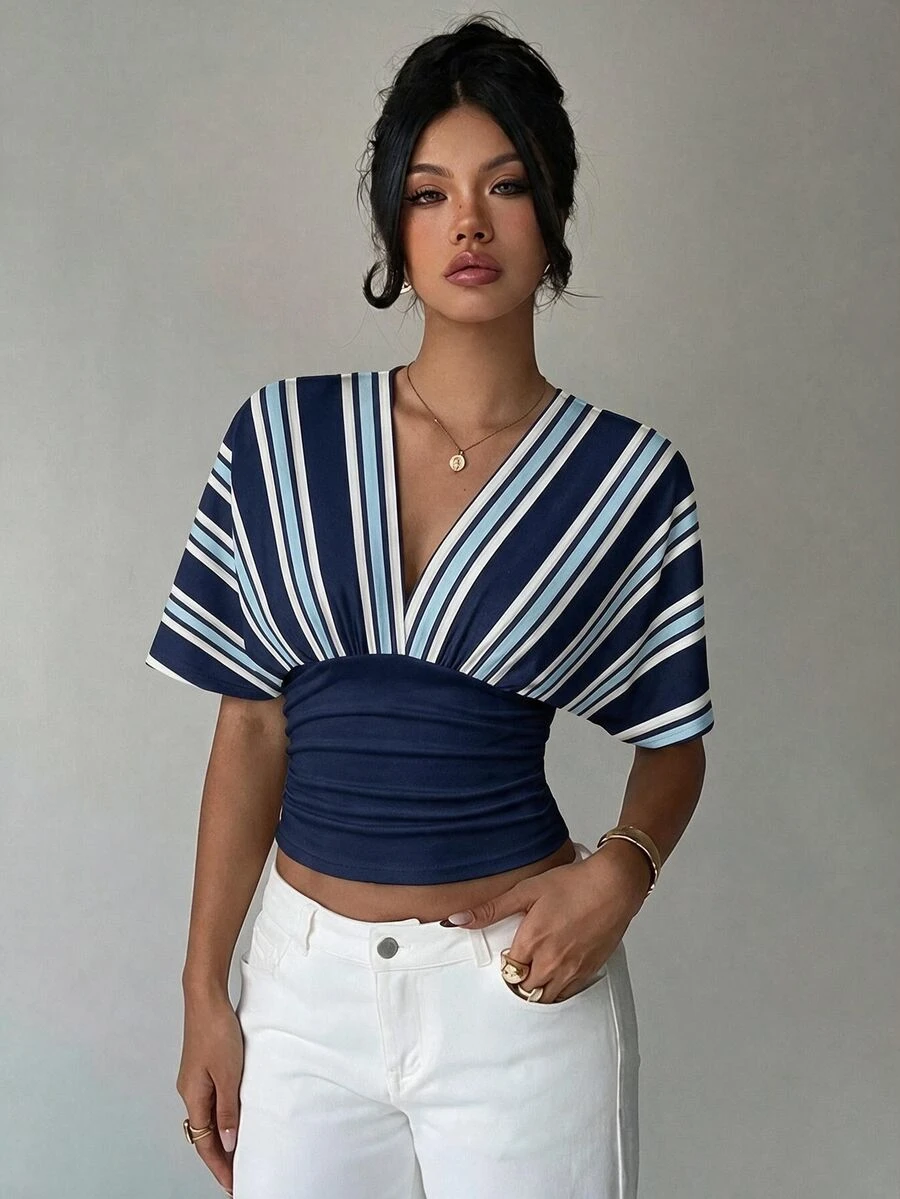 Aloruh Women's V-Neck Striped Fitted T-Shirt Suitable For Dating, Vacation, Party, Daily Wear, Gathering, Outdoor Activities - Navy Blue - View 1