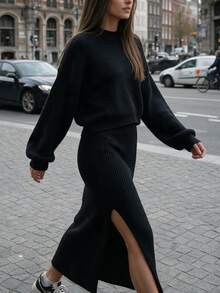 Autumina Women's Long Sleeve Sweater And High Waist Side Slit Skirt Set - Black - View 5