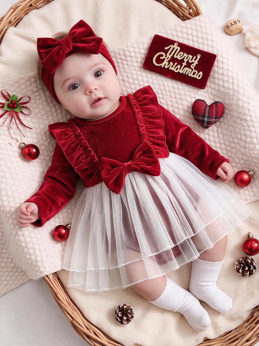 SHEIN Playful Pals Baby Girl Ruffle Big Bow Patchwork Double Layer White Mesh Bodysuit With Velvet Headband Set - Red and White - View 1