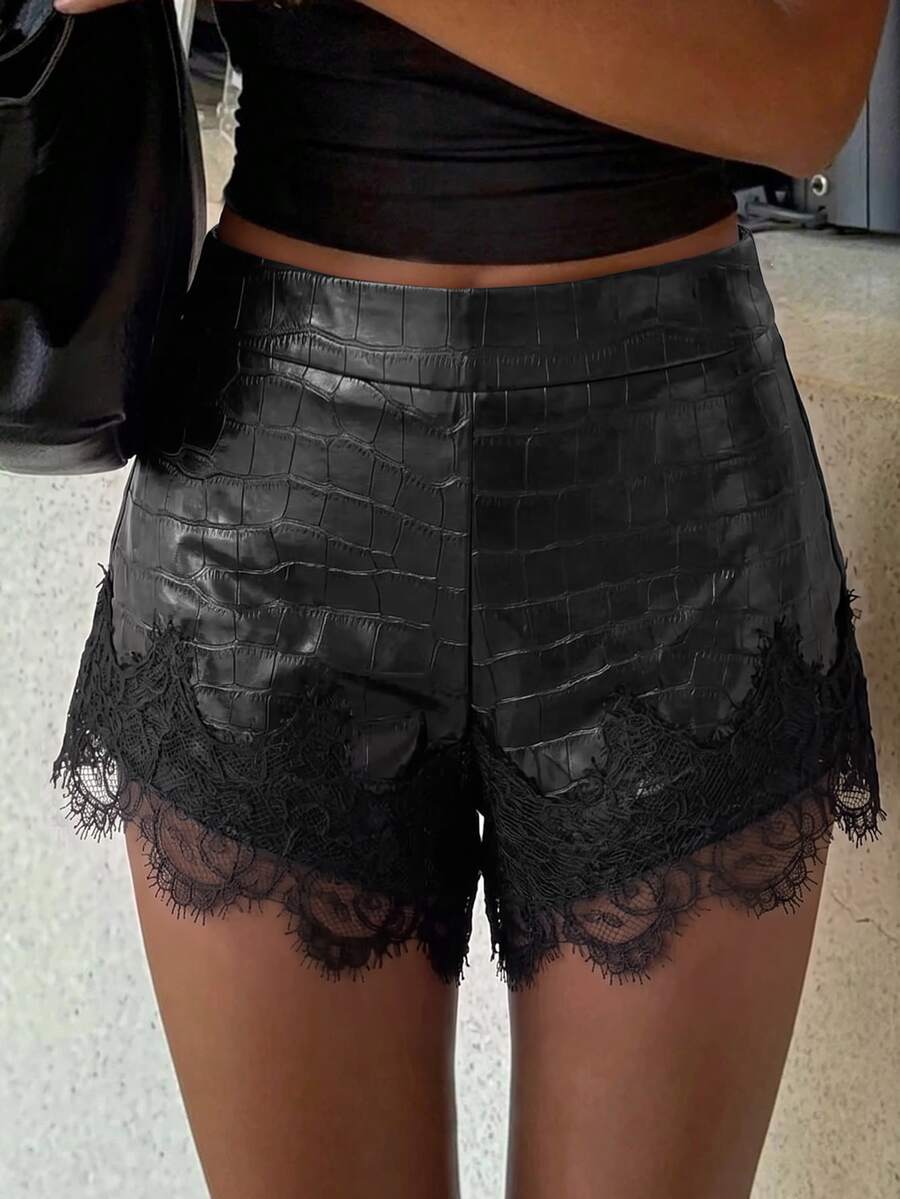 Siren Gaze Women's Fashion Sexy Lace Patchwork Shorts - Black - View 1