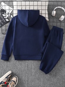 SHEIN 2件組兒童青少年男孩秋冬字母圖案針織柔軟連帽長袖套頭運動衫與長褲套裝，男孩套裝，運動衫套裝，藍色套裝，運動套裝 - 彩色 - 查看 2