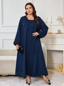 Al Najma Embossed Woven Long Sleeve Maxi Navy Blue Loose Fit Casual Versatile Minimalist Style Plus Size Women's Arabian Dress - Navy Blue - View 4