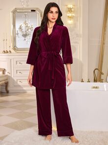 LuxeNights Purple Velvet Long Sleeve Pants Elegant Women's Pajama Set - Red Violet - View 3