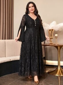 Reflora Plus Size Women's V-Neck Lace Patchwork Fashion Elegant Dress Fall - Black - View 5