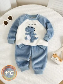 2pcs Baby Boy Autumn/Winter Color Block Cute Cartoon Dinosaur Embroidered Pattern Crew Neck Long Sleeve Pullover Sweatshirt Elastic Waist Long Pants Tracksuits - Multicolor - View 1